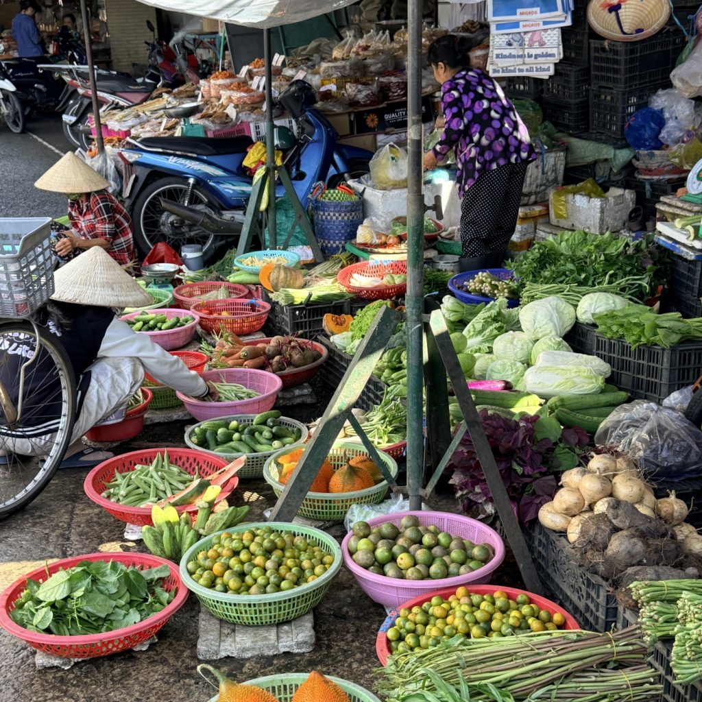 Exploring the colourful wet market in Sa Dec, filled with fresh produce, local flavours and the energy of everyday life in Vietnam.